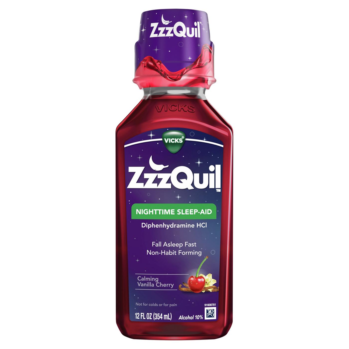 Vicks ZzzQuil Nighttime Sleep Aid Liquid, Calming Vanilla Cherry Flavor; image 9 of 10