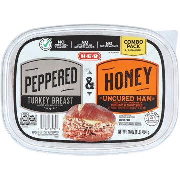 H-E-B Peppered Turkey Breast & Honey Ham Lunch Meat - Combo Pack, 16 oz