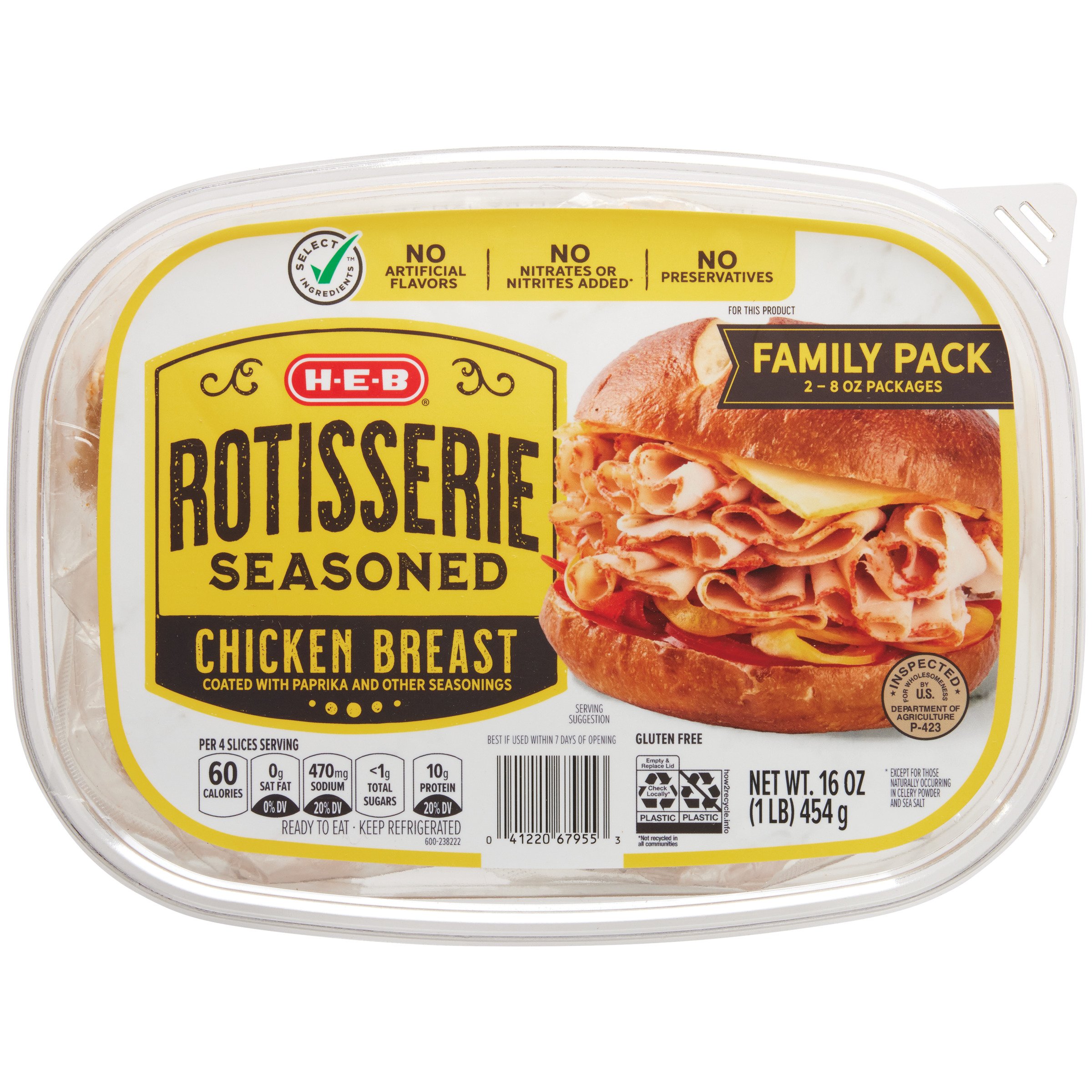 H-E-B Rotisserie-Seasoned Chicken Breast Lunch Meat - Family Pack, 16 oz
