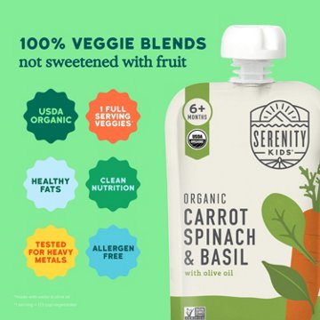 Serenity Kids Organic Baby Food Pouch - Carrot, Spinach & Basil