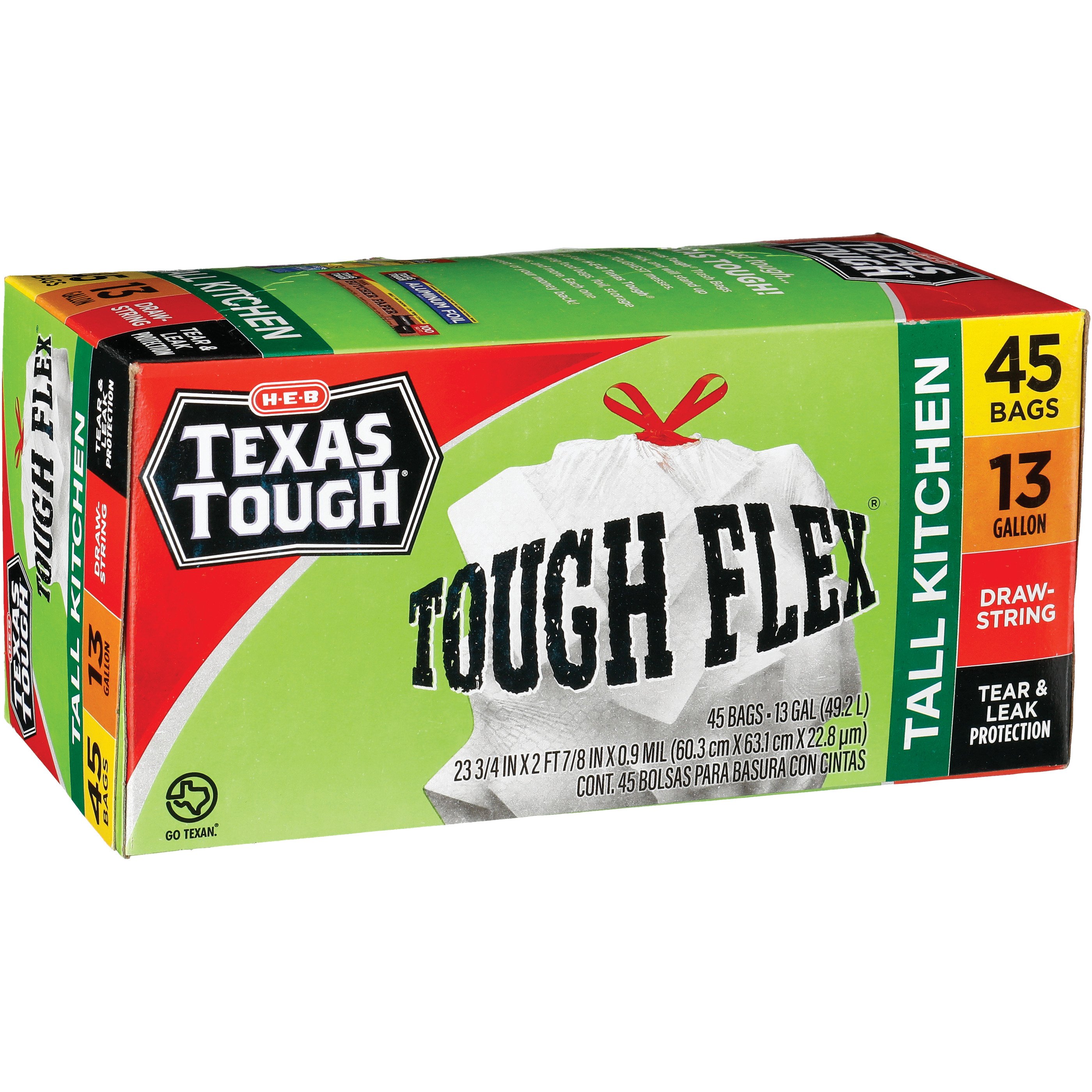 H-E-B Texas Tough Tall Kitchen Flex Trash Bags, 13 Gallon - Lemon