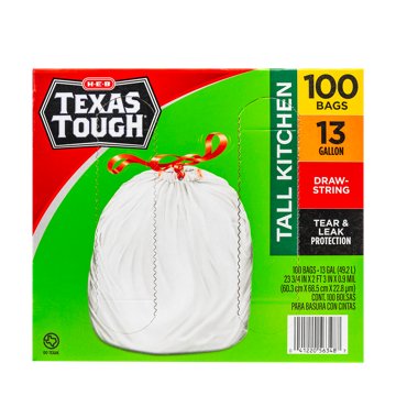 H-E-B Texas Tough Tall Kitchen Drawstring Trash Bags, 13 Gallon, 100 ct