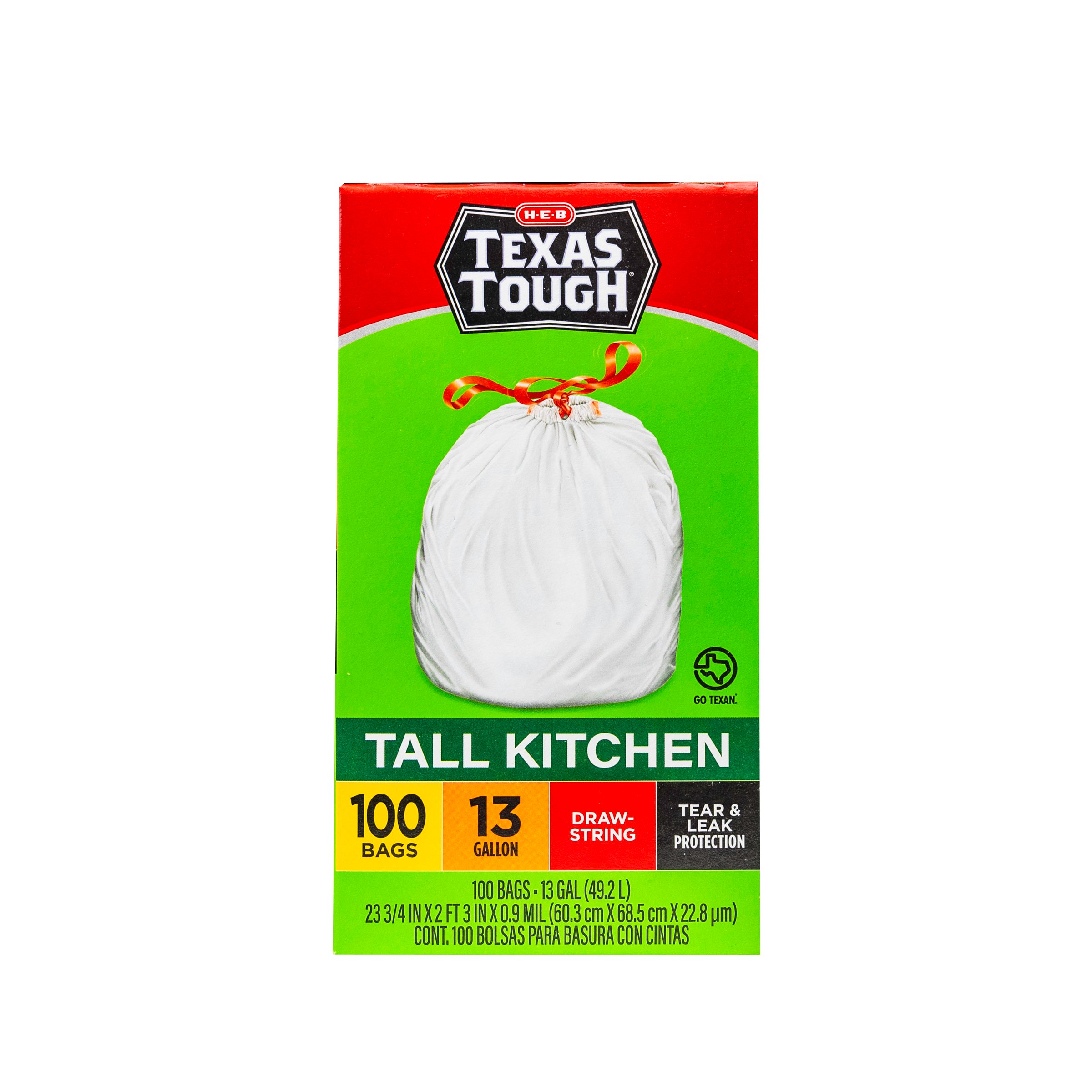 H-E-B Texas Tough Tall Kitchen Drawstring Trash Bags, 13 Gallon