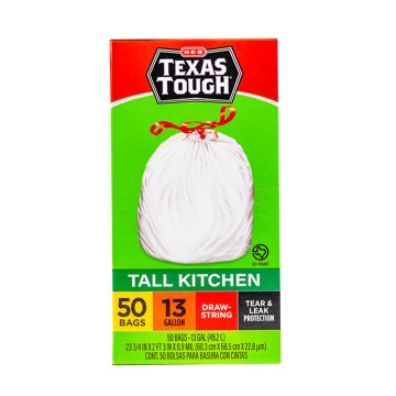 H-E-B Texas Tough Tall Kitchen Drawstring Trash Bags, 13 Gallon, 50 ct