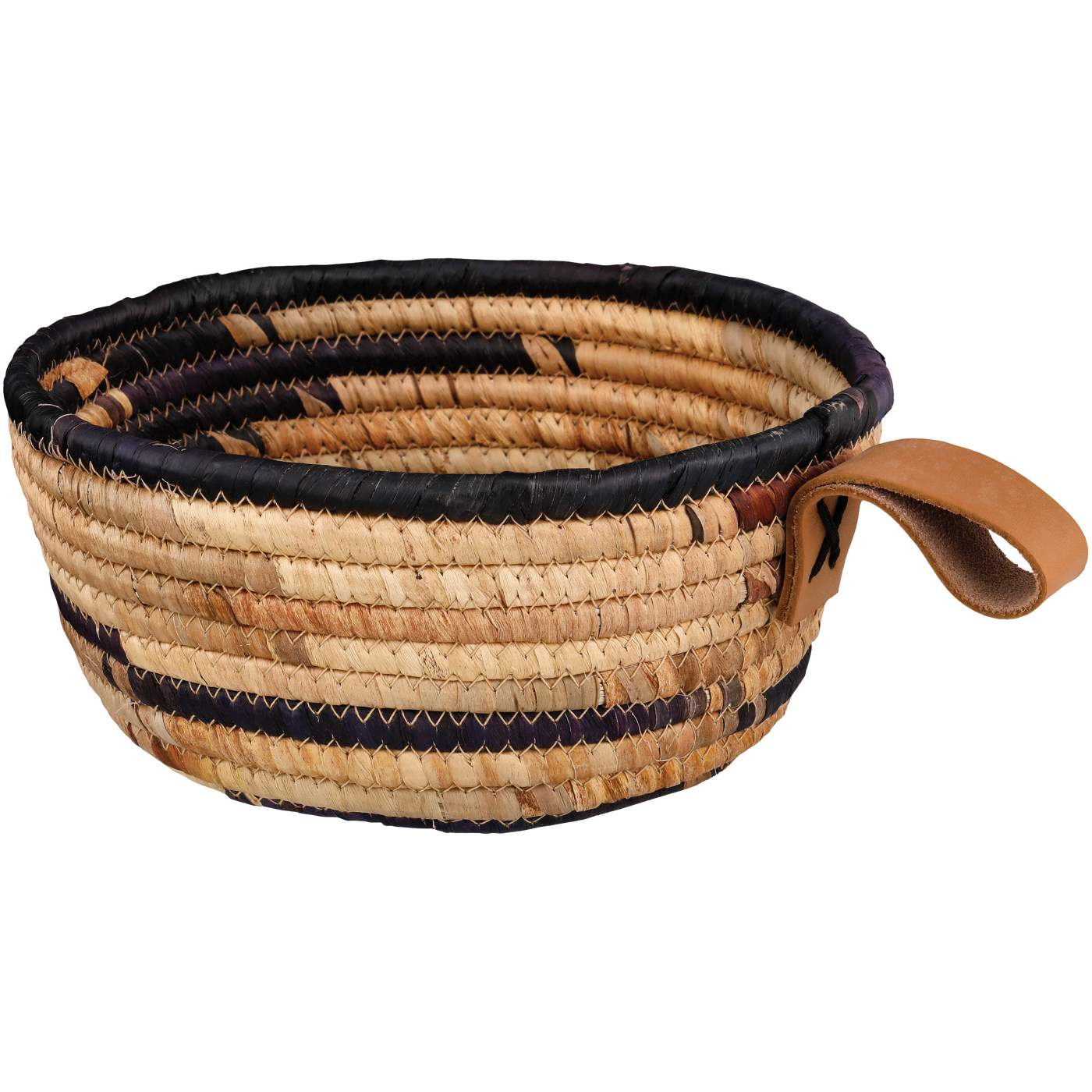 Haven + Key Small Round Woven Basket with Leather Handle; image 1 of 2