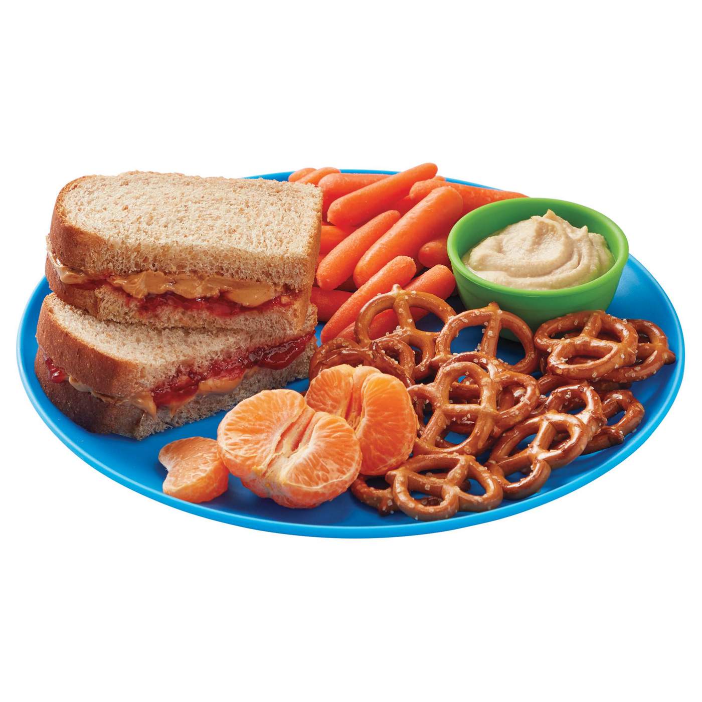 Meal Simple by H-E-B Kids' PB&J Sandwich, Pretzels, Orange, Carrots & Hummus; image 2 of 2