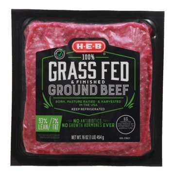 H-E-B Grass Fed & Finished Ground Beef, 93% Lean, 1 lb