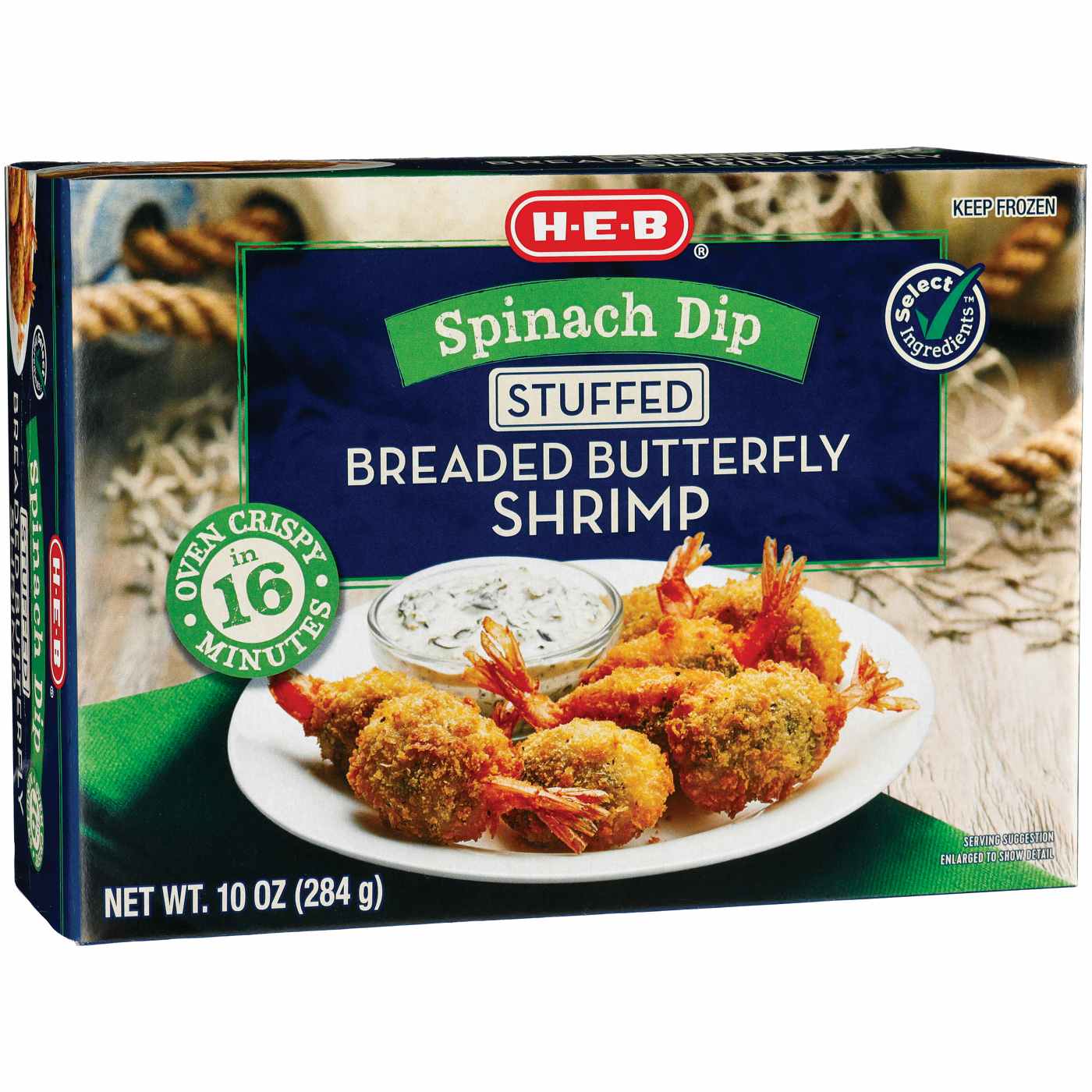 H-E-B Frozen Spinach Dip-Stuffed Breaded Butterfly Shrimp; image 1 of 2