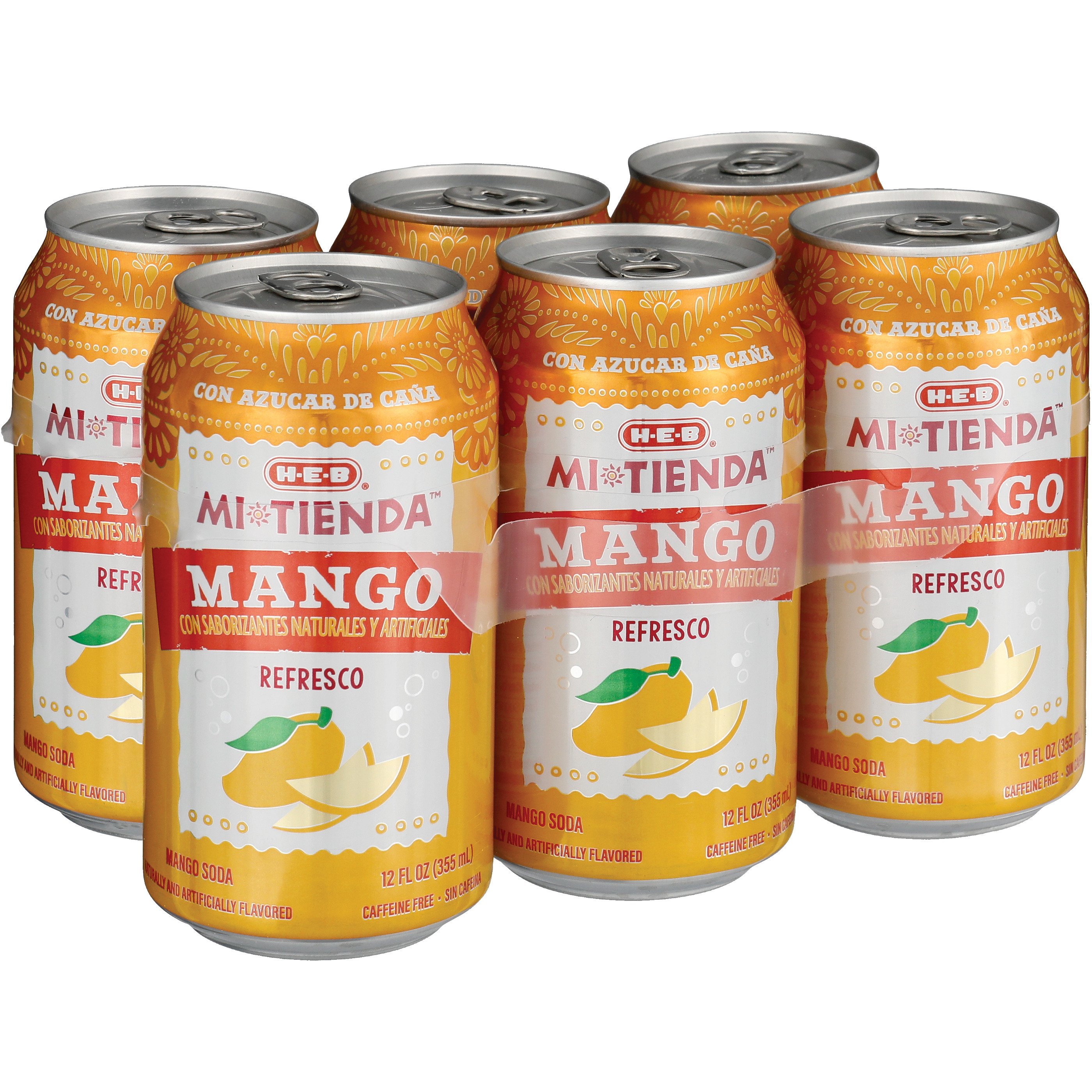 H-E-B Mi Tienda Mango Refresco Soda 6 pk Cans, 12 oz