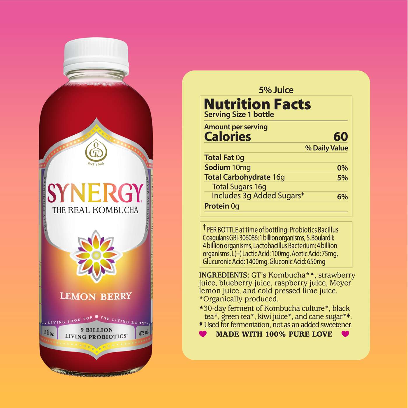 GT's Synergy Lemon Berry Raw Organic Kombucha; image 4 of 7