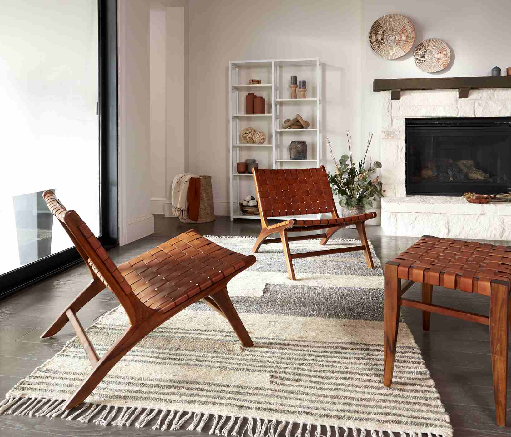 Haven + Key Woven Brown Leather Accent Chair with Wood Frame; image 2 of 5