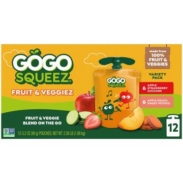 GoGo squeeZ Fruit & VeggieZ No Sugar Added Peach/Strawberry Applesauce Variety Pouches, 12 ct