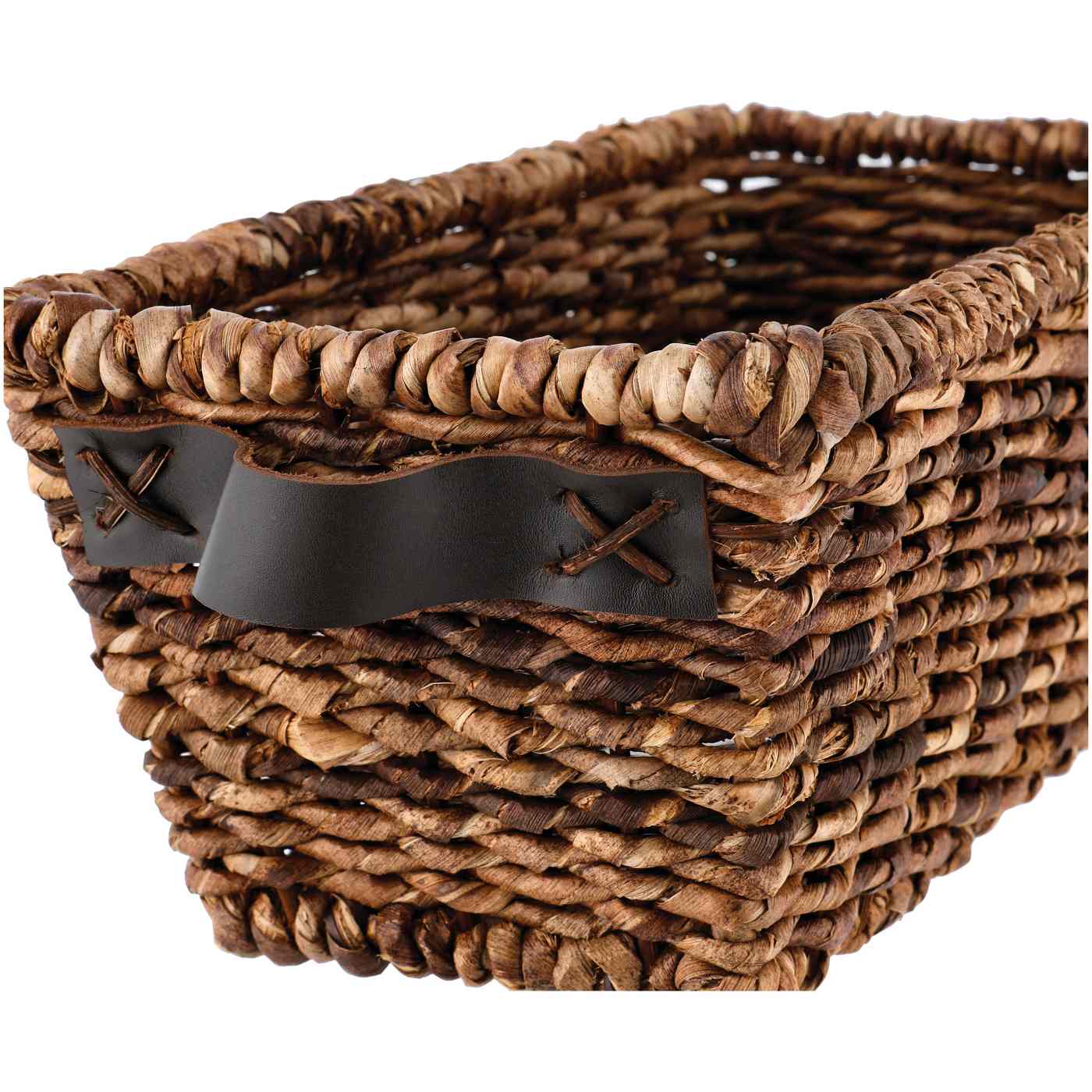 Haven + Key Small Rectangular Storage Basket with Leather Handles - Brown