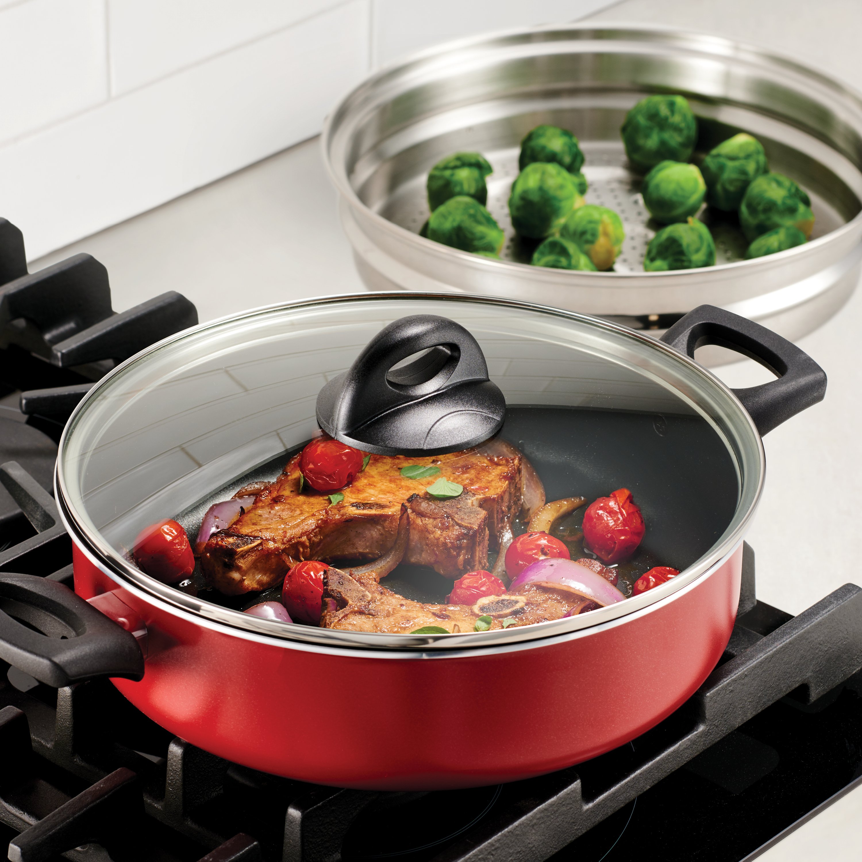 Tramontina Non-Stick Red Covered Pan with Steamer Insert - Shop Stock Pots  & Sauce Pans at H-E-B