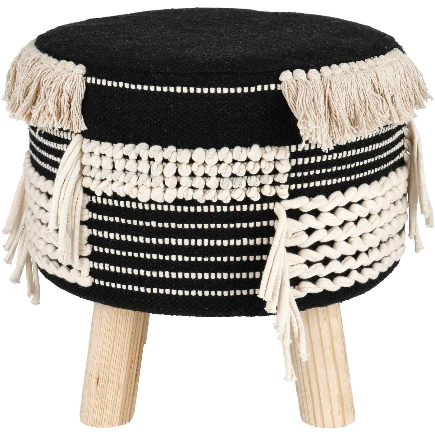 Haven + Key Round Footed Pouf Stool with Fringe - Black & Ivory; image 1 of 2