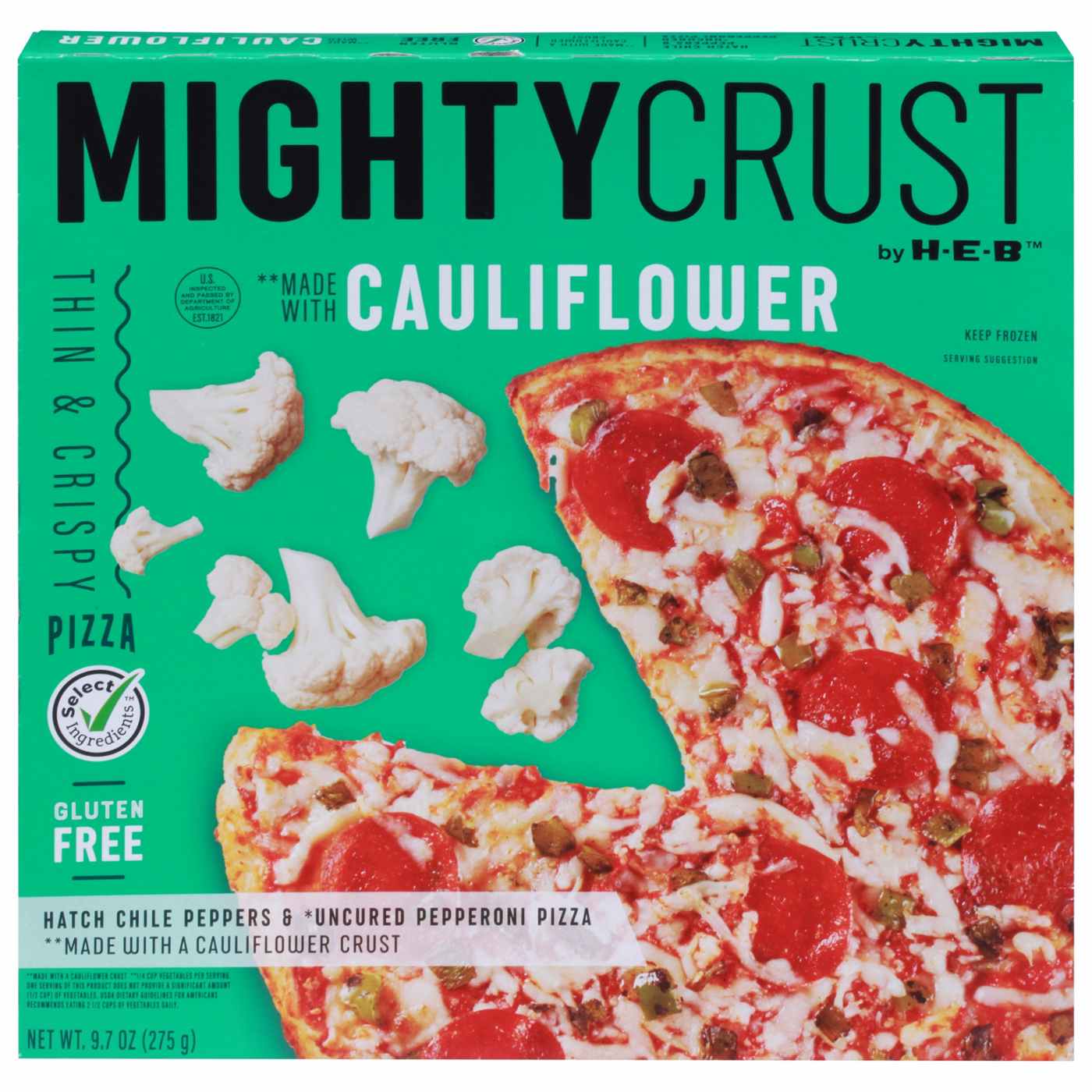 MightyCrust by H-E-B Hatch Chile & Pepperoni Cauliflower Crust Gluten Free Frozen Pizza; image 1 of 2