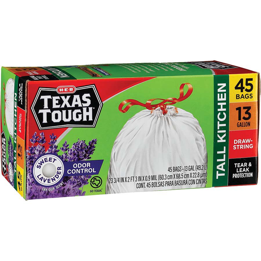 H-E-B Texas Tough Tall Kitchen Drawstring Trash Bags, 13 Gallon - Lavender  Scent - Shop Trash Bags at H-E-B