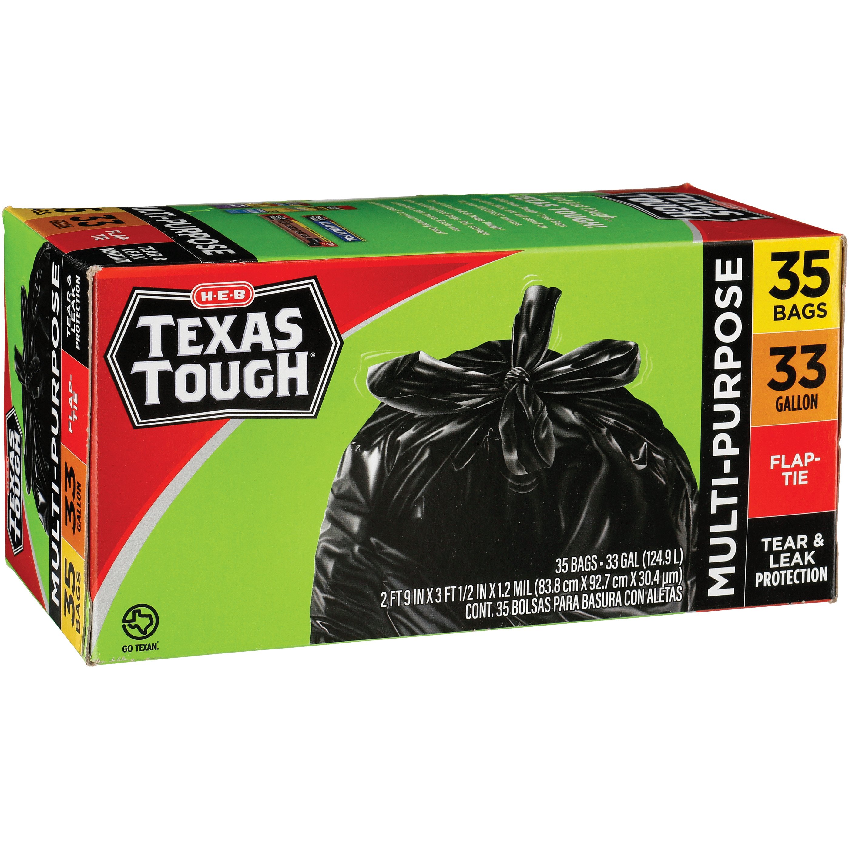 HEB Texas Tough Large Multipurpose Flap Tie Trash Bags, 33 Gallon