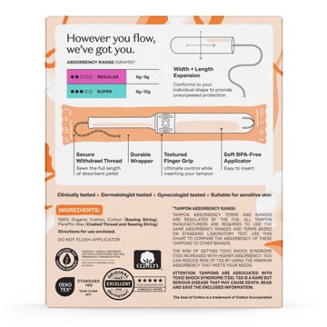 The Honey Pot 100% Organic Cotton Tampons - Regular & Super Multipack