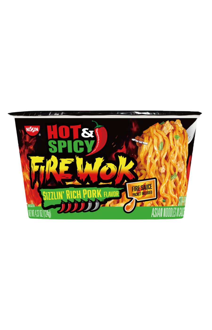 Nissin Hot & Spicy Fire Wok Sizzlin' Rich Pork Noodle Bowl; image 1 of 6