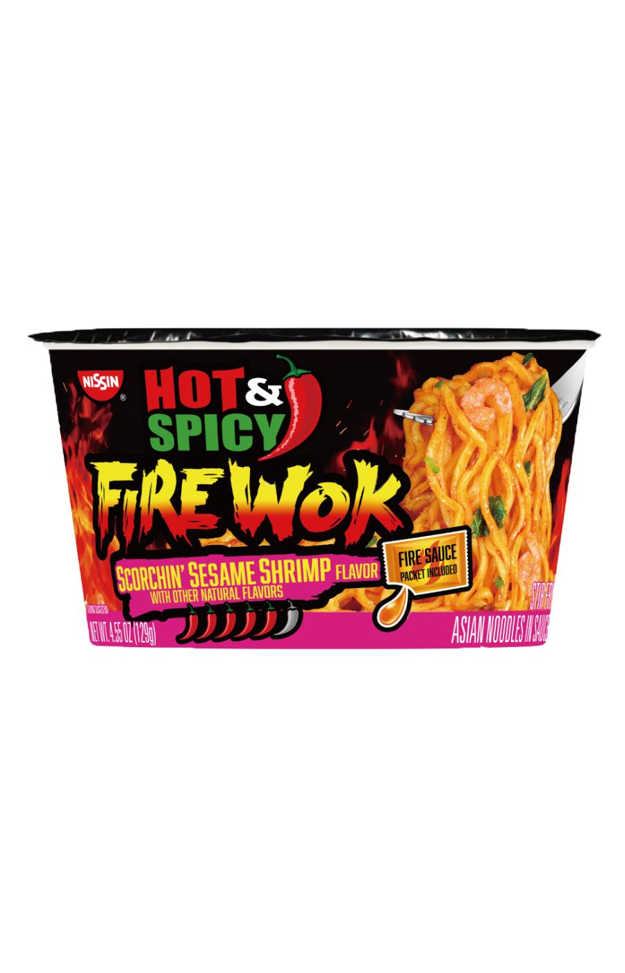 Nissin Hot & Spicy Fire Wok Scorchin' Sesame Shrimp Noodle Bowl; image 1 of 6