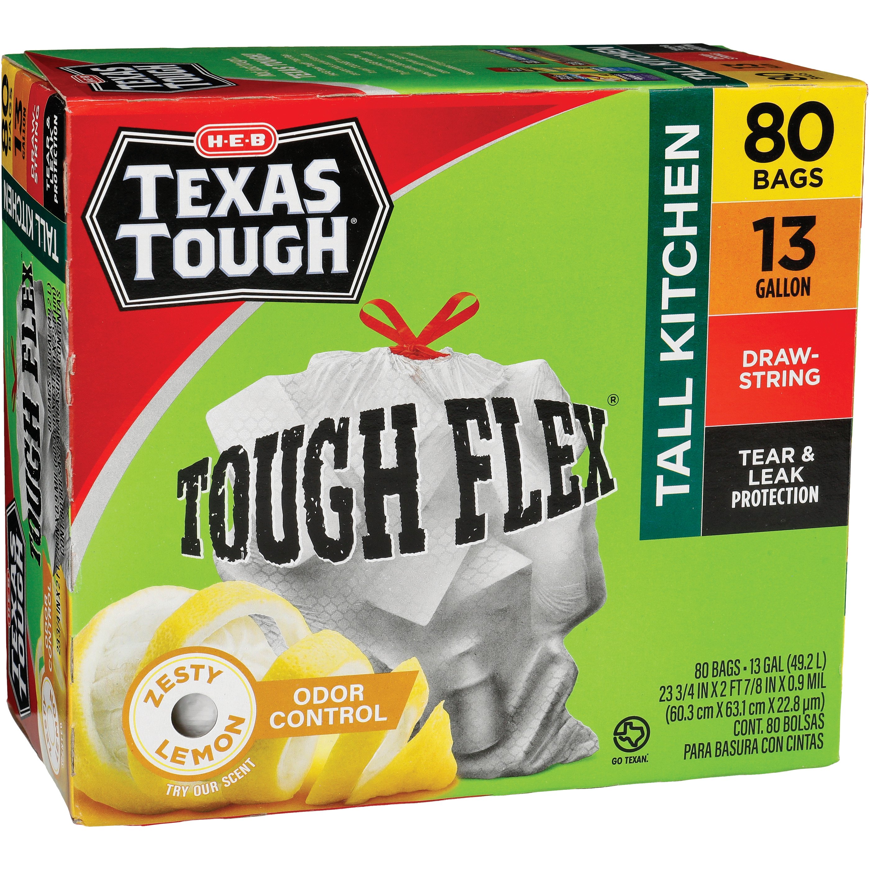 H-E-B Texas Tough Tall Kitchen Flex Trash Bags, 13 Gallon - Lemon