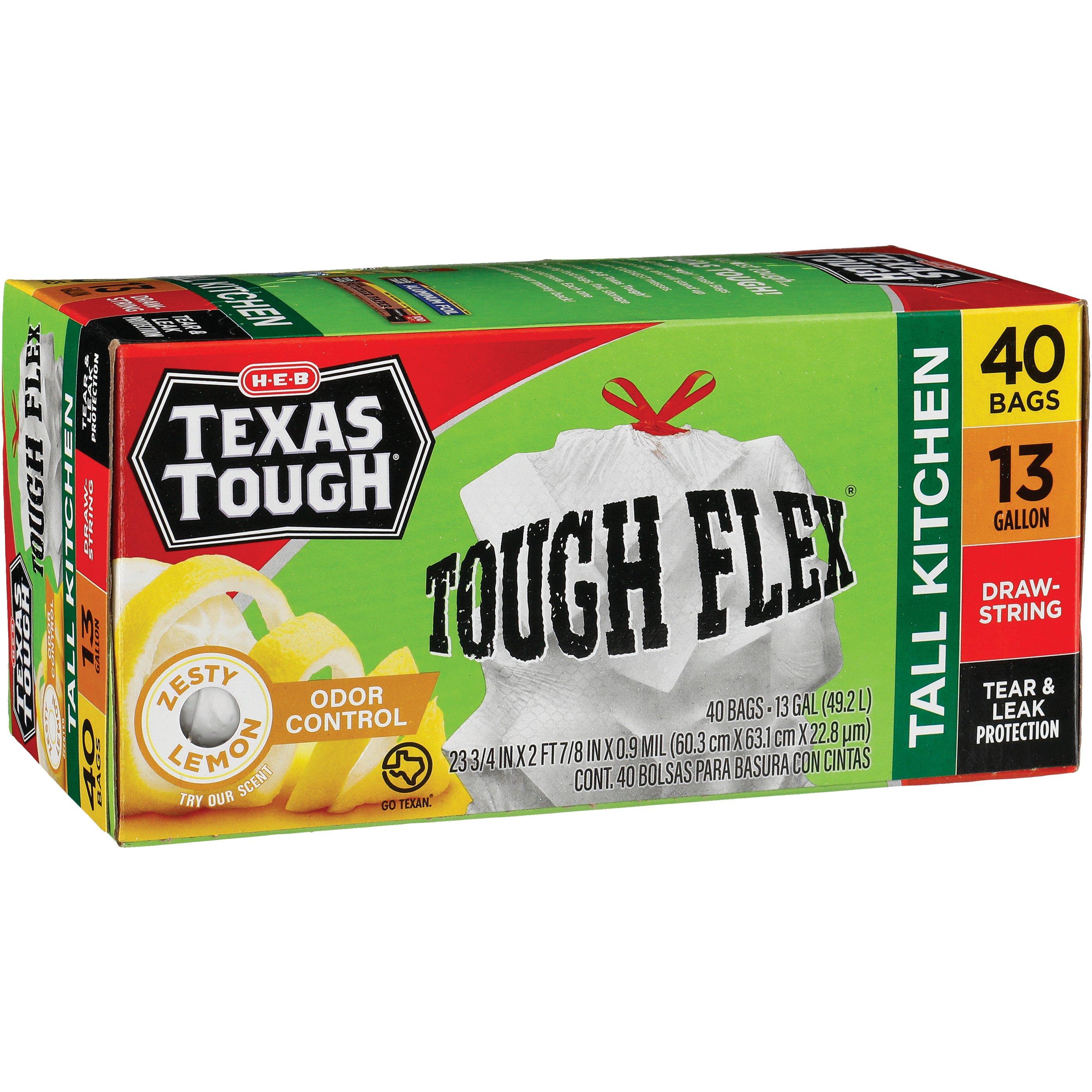 H-E-B Texas Tough Tall Kitchen Flex Trash Bags, 13 Gallon - Lemon