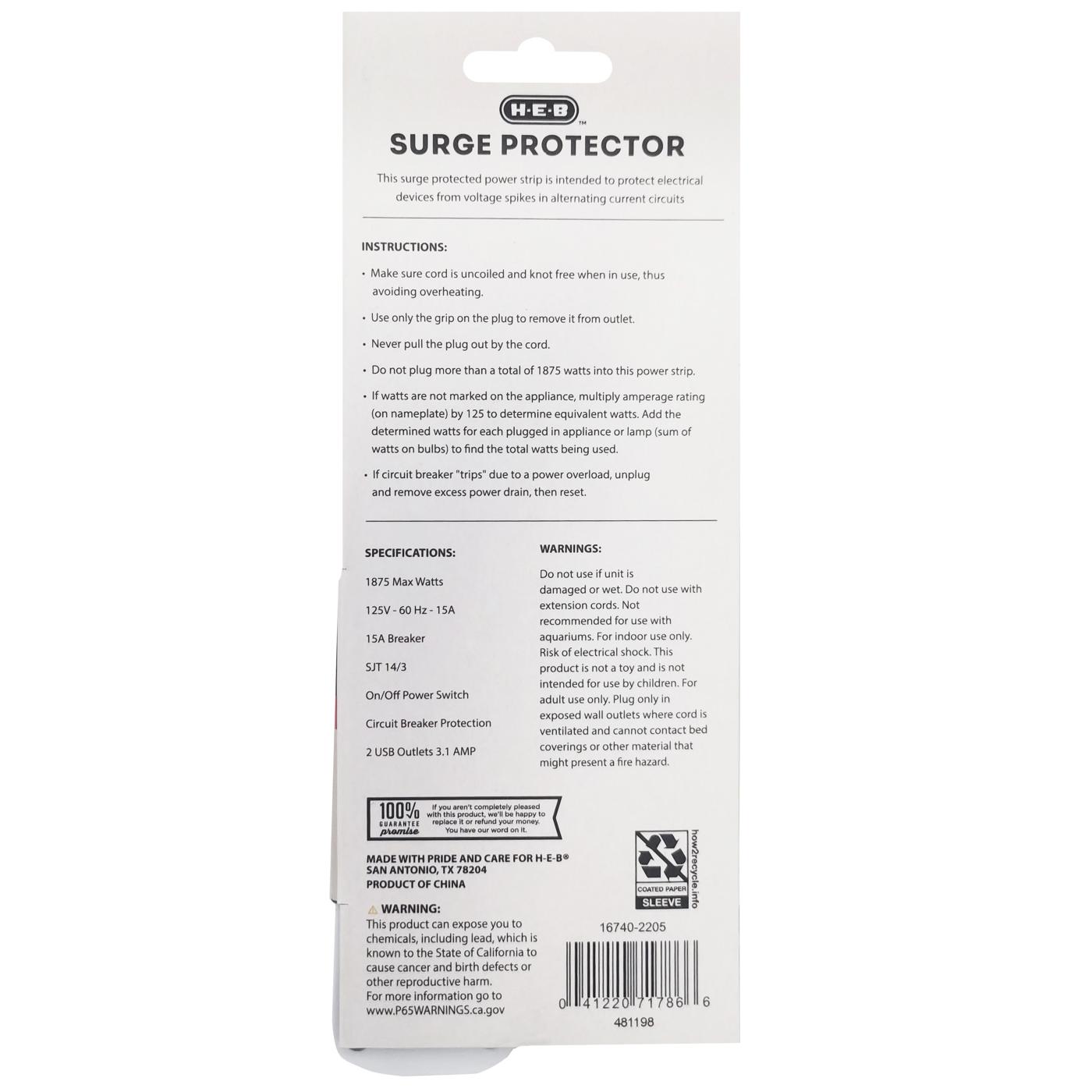 H-E-B 3-Outlet Power Strip Surge Protector with 2 USB; image 2 of 2