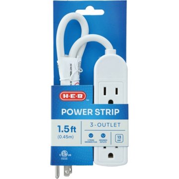 H-E-B 3 Outlet White Power Strip, 1.5'