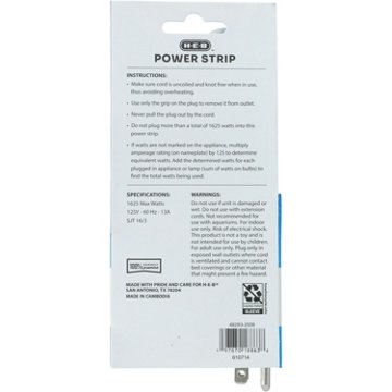 H-E-B 3 Outlet White Power Strip, 1.5'