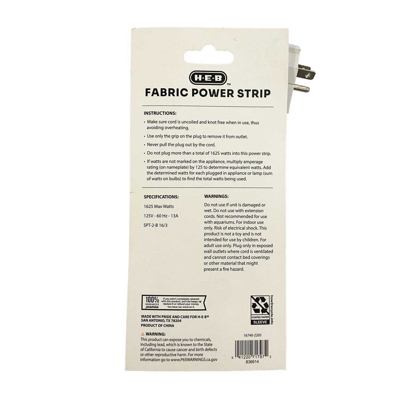 H-E-B 3-Outlet Indoor Fabric Power Strip - White; image 2 of 2