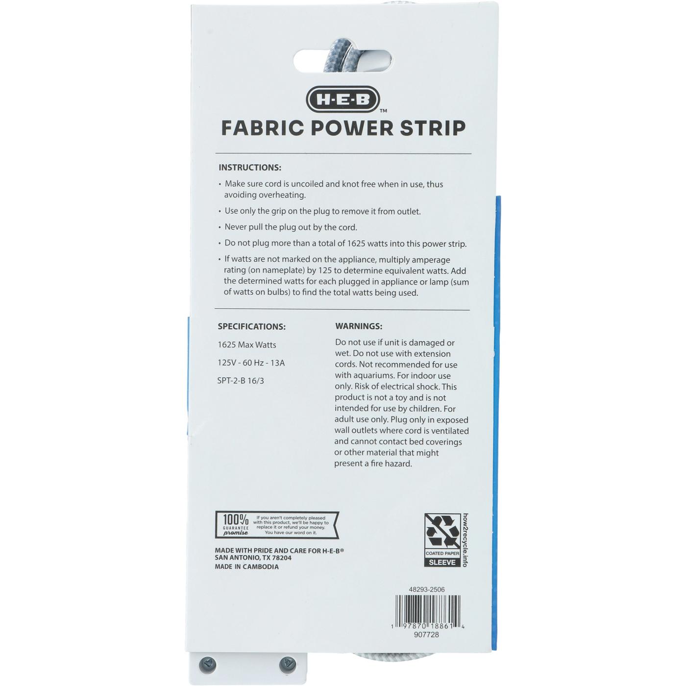 HEB 3Outlet Indoor Fabric Power Strip White Shop Extension cords