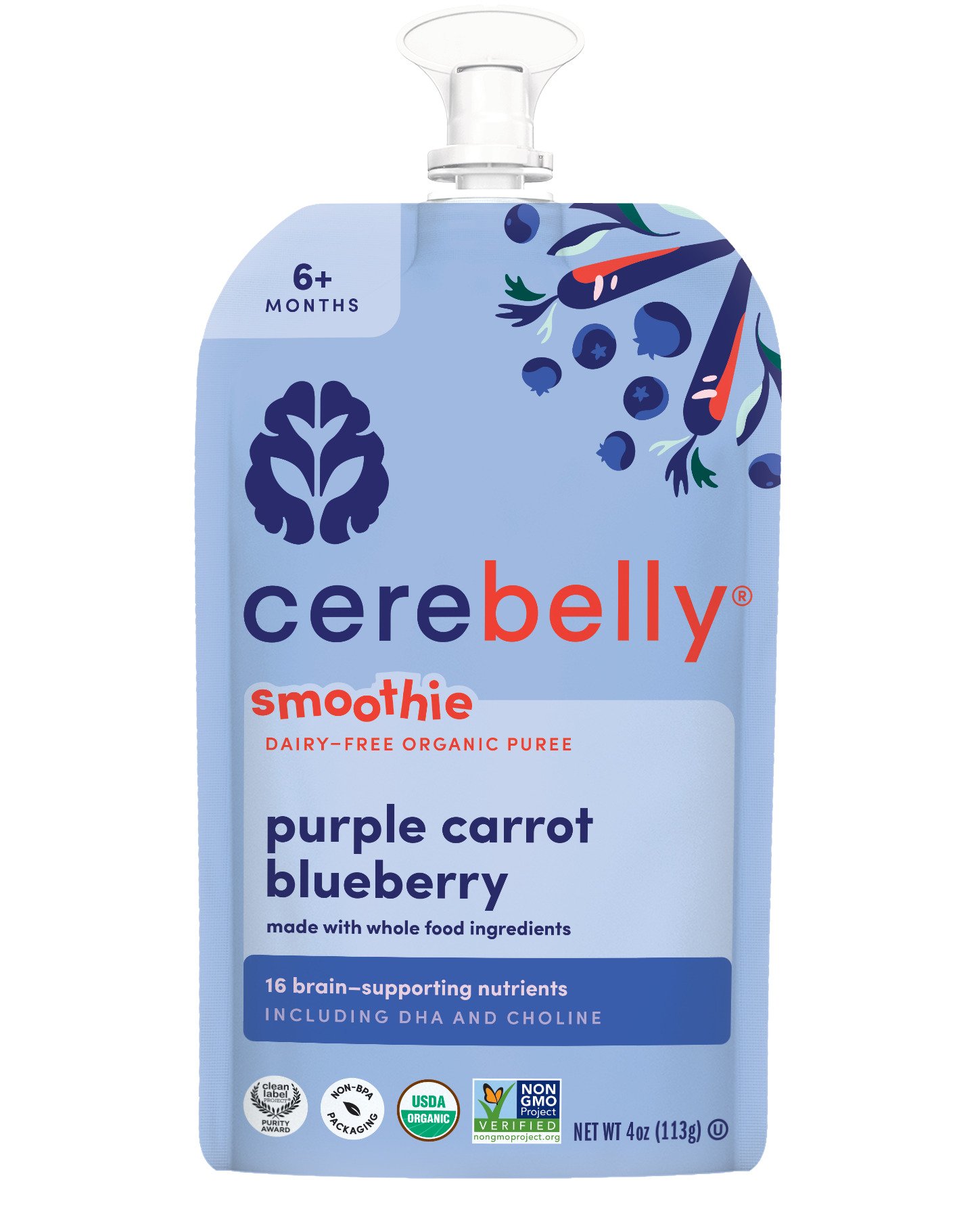 Cerebelly Dairy Free Organic Smoothie Pouch - Purple Carrot Blueberry, 4 oz