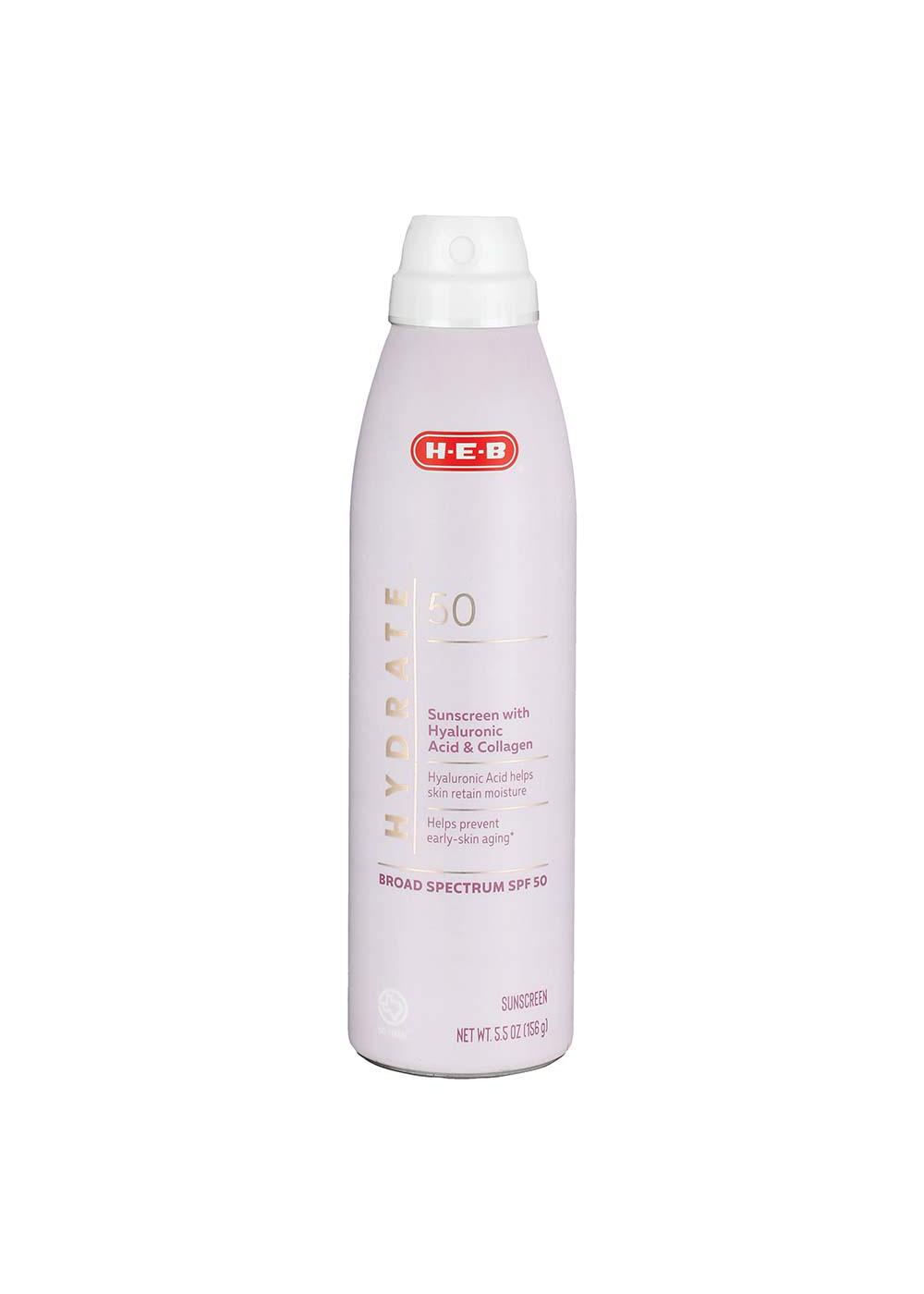 H-E-B Hydrate Hyaluronic Acid & Collagen Sunscreen Spray – SPF 50; image 1 of 2
