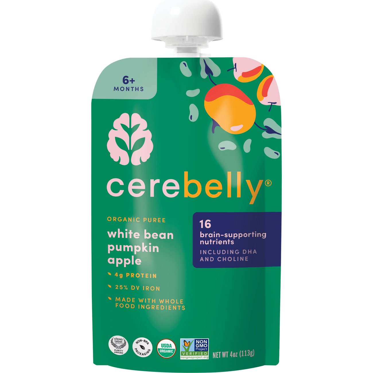 Cerebelly Organic Baby Puree Pouch - White Bean Pumpkin & Apple with Cinnamon, 4 oz