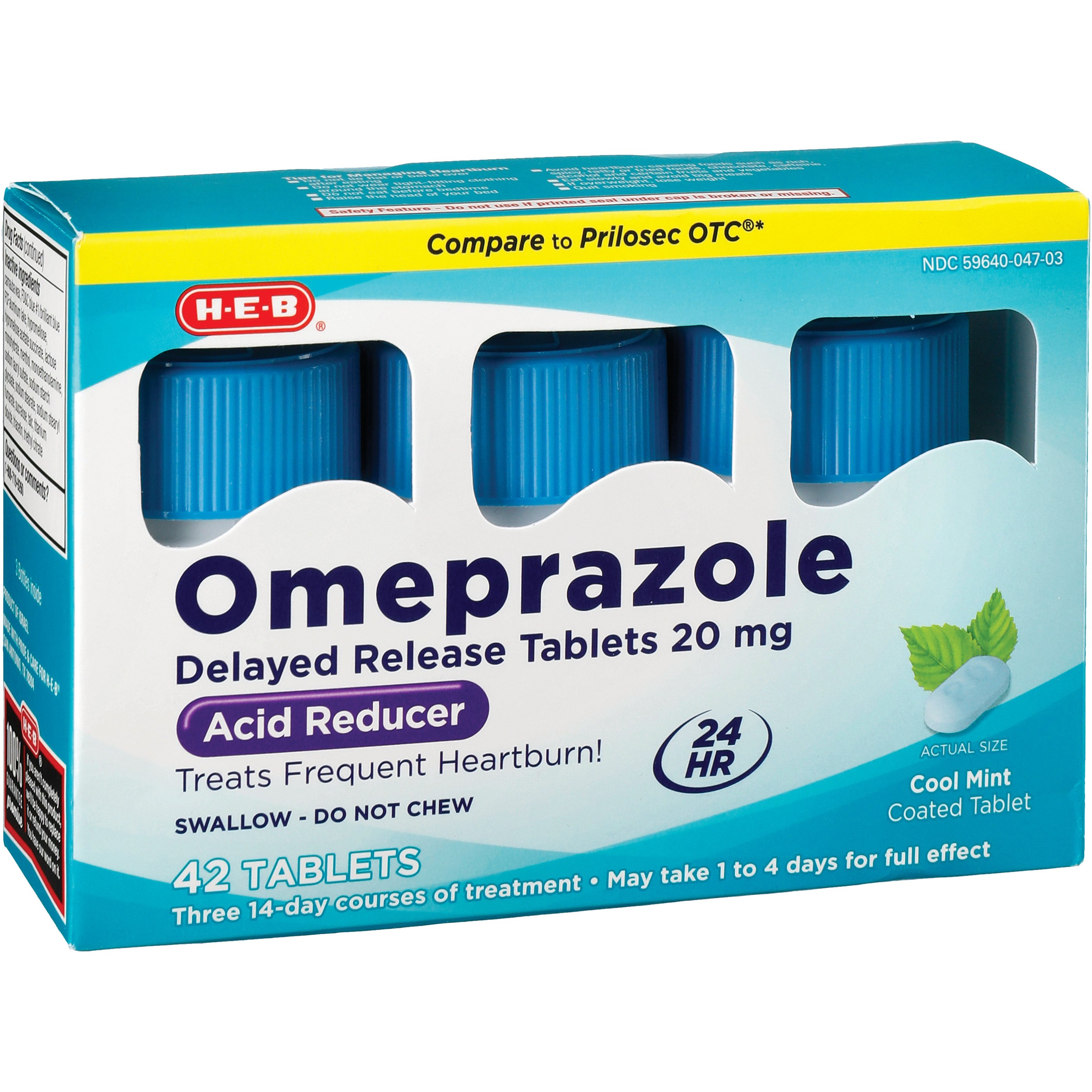 H-E-B Omeprazole Delayed Release Cool Mint Tablets - 20 mg, 42 ct