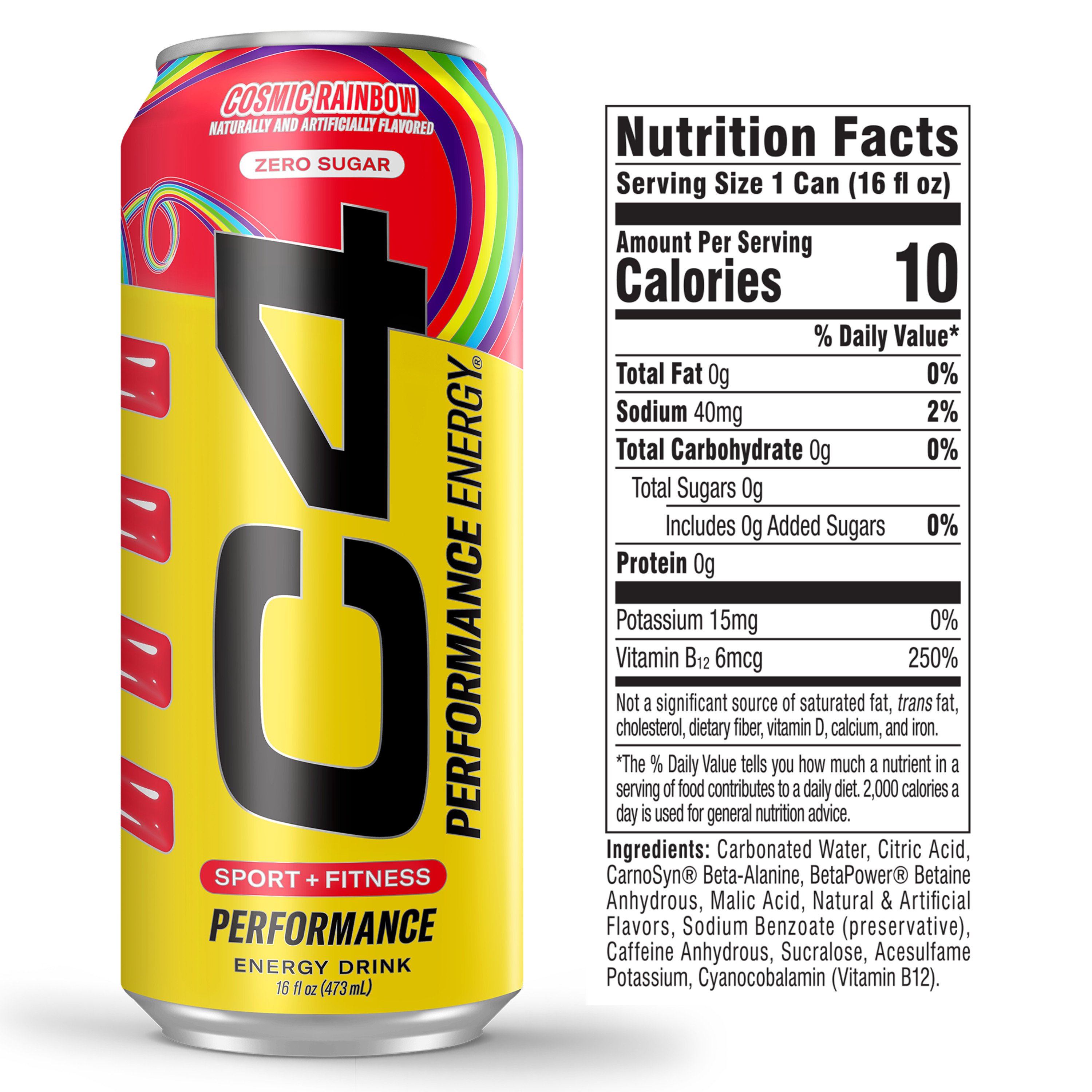 does c4 have l carnitine C4 Performance Zero Sugar Energy Drink - Cosmic Rainbow