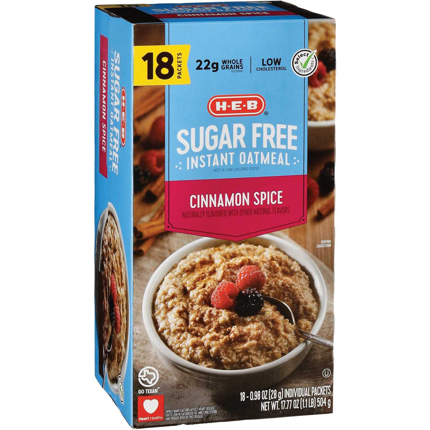 H-E-B Sugar Free Instant Oatmeal - Cinnamon Spice; image 1 of 2