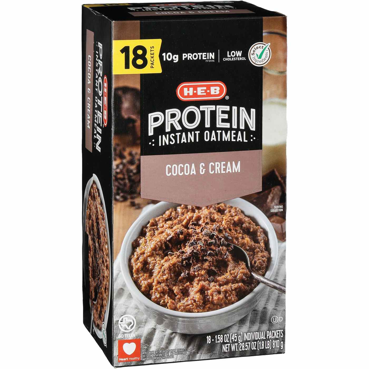 H-E-B 10g Protein Instant Oatmeal - Cocoa & Cream; image 1 of 2