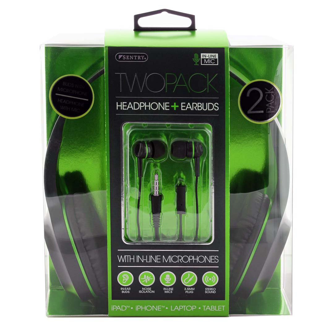 Sentry Wired Headphones + Earbuds with Mic - Green - Shop Headphones at