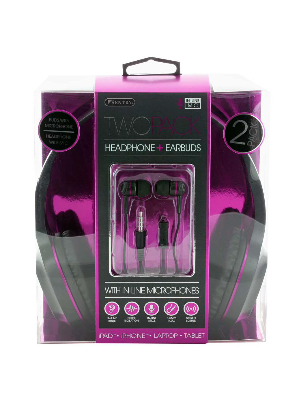 Sentry Wired Headphones + Earbuds with Mic - Pink; image 1 of 2