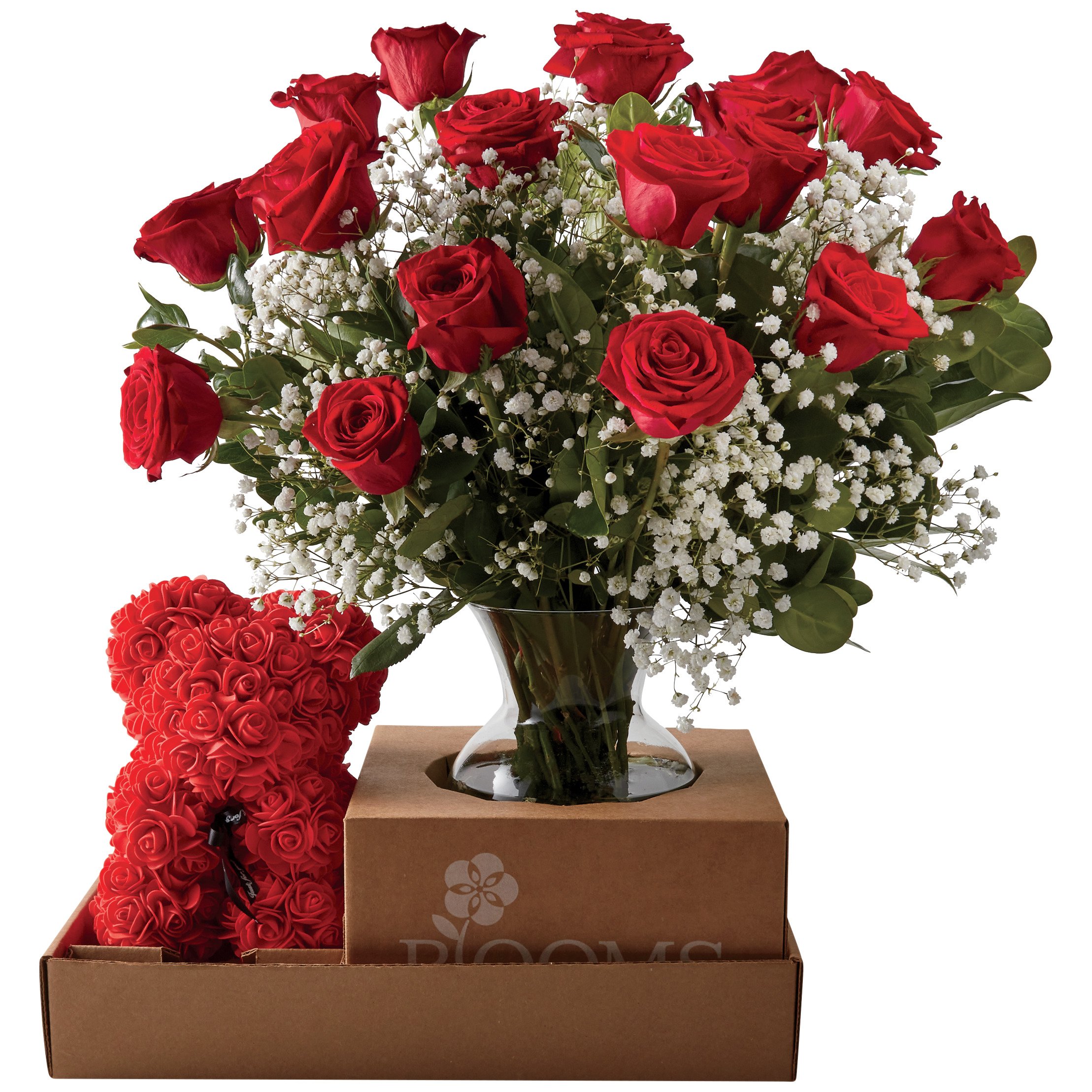 BLOOMS By H-E-B Luxury Dozen Roses With Rose Teddy Bear & Vase - Shop ...