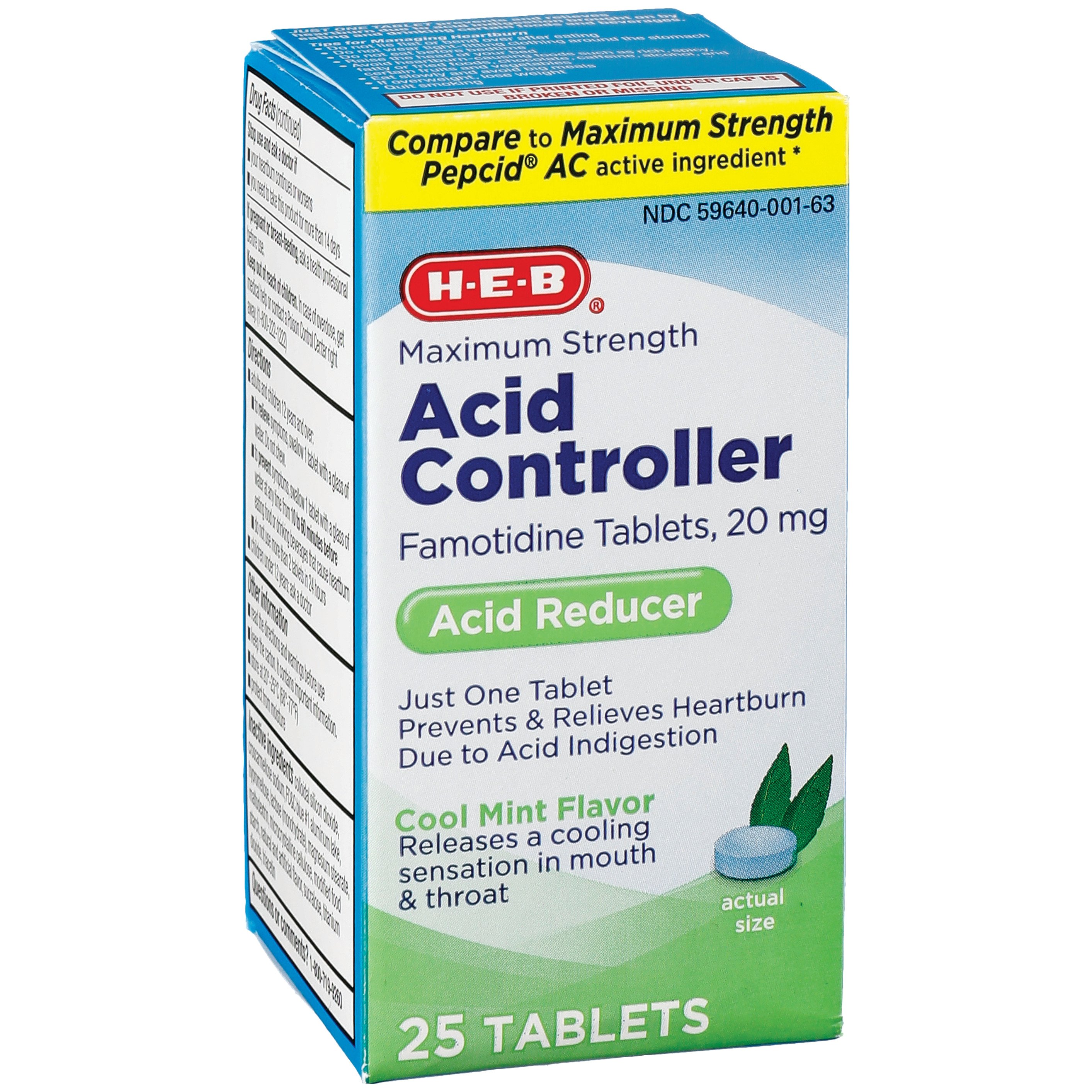 H-E-B Maximum Strength Acid Controller Famotidine 20 mg Cool Mint Tablets, 25 ct