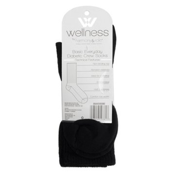 Wellness by Harmony & Sole Everyday Diabetic Crew Sock Unisex - Black- 2 Pairs, L/XL