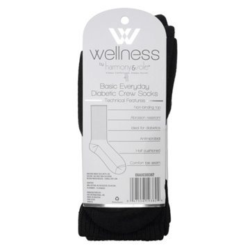 Wellness by Harmony & Sole Everyday Diabetic Crew Sock Unisex - Black- 2 Pairs, S/M