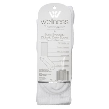 Wellness by Harmony & Sole Everyday Diabetic Crew Sock Unisex - White- 2 Pairs, L/XL