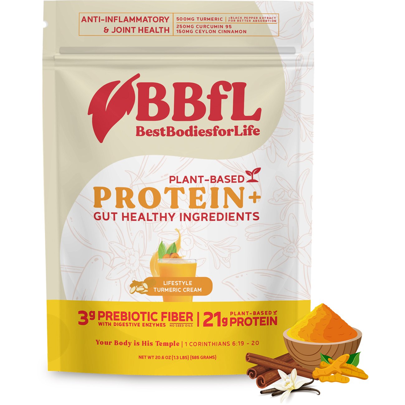 BestBodiesforLife 21g Plant-Based Protein & Meal Replacement Lifestyle Shake - Turmeric Cream, 20.6 oz
