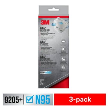 3M Aura Particulate Respirator 9205+ Protective Face Masks, 3 pk