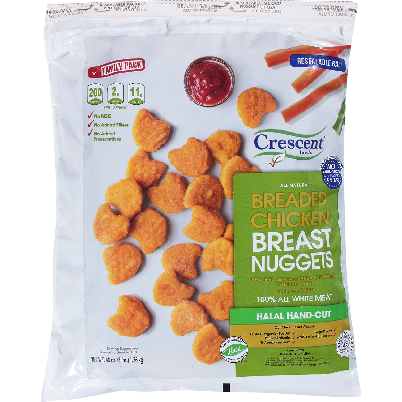 Crescent Foods Halal Hand-Cut Breaded Chicken Nuggets - Family Pack, 48 oz