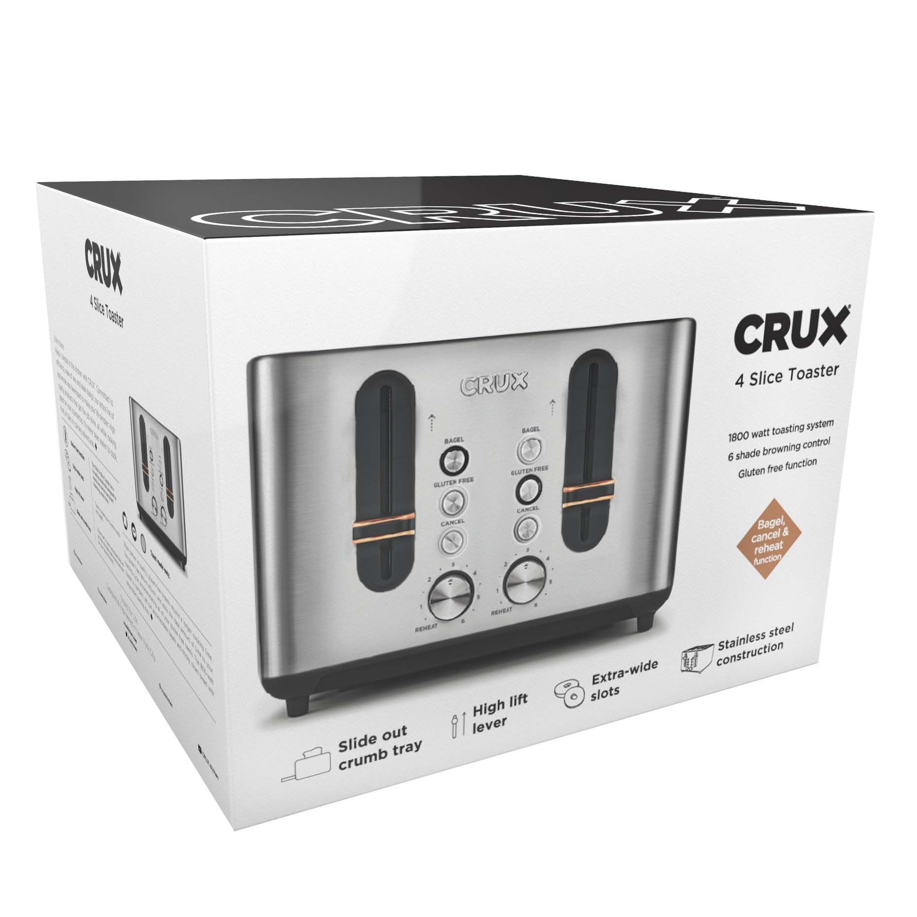 Crux 14544-SN 2 Slice Kitchen Toaster w/ Gluten Free Toasting, Stainless  Steel 